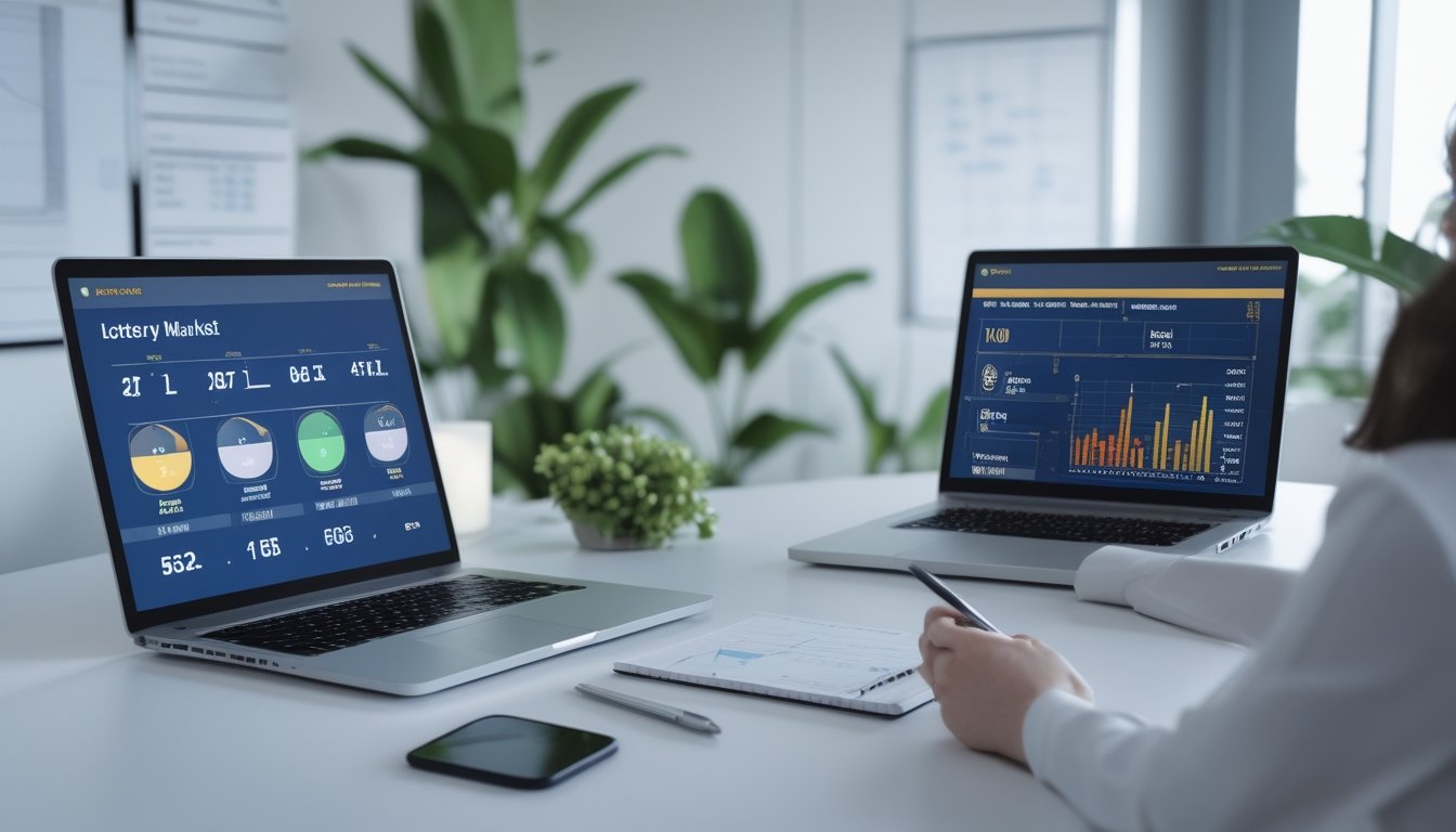 Seorang pria fokus menganalisis data pasar togel di layar komputer di ruang kantor modern.