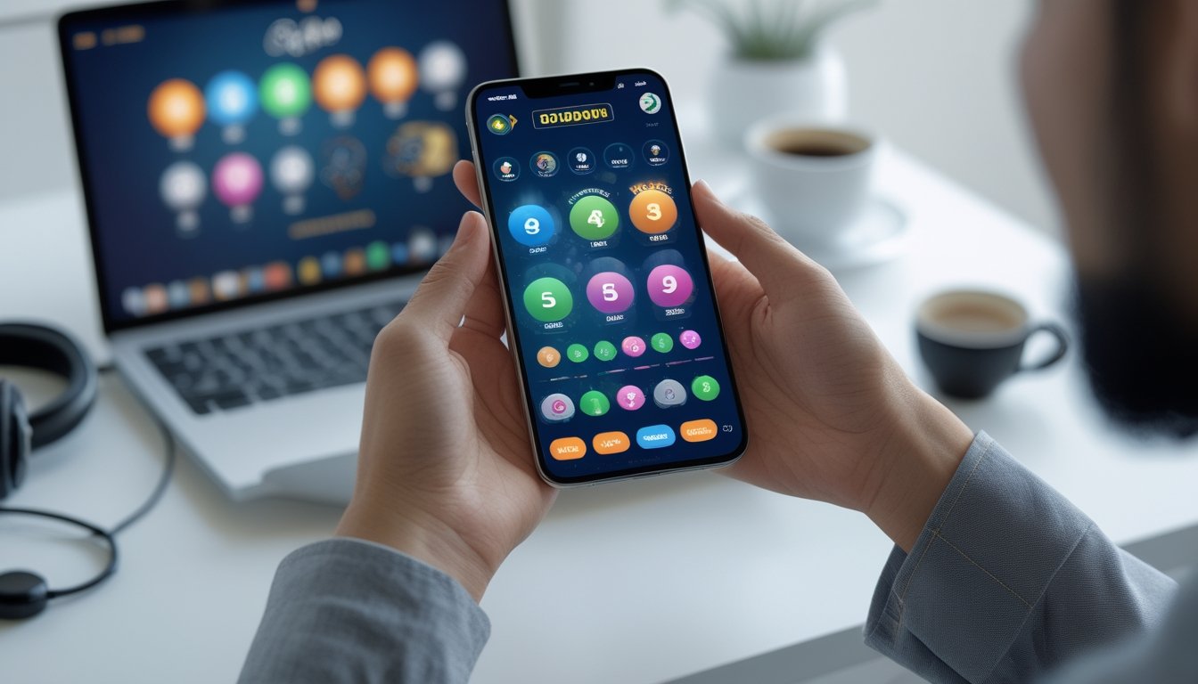 Seseorang memegang ponsel dengan aplikasi permainan togel online yang terlihat di layar di ruang kerja modern.