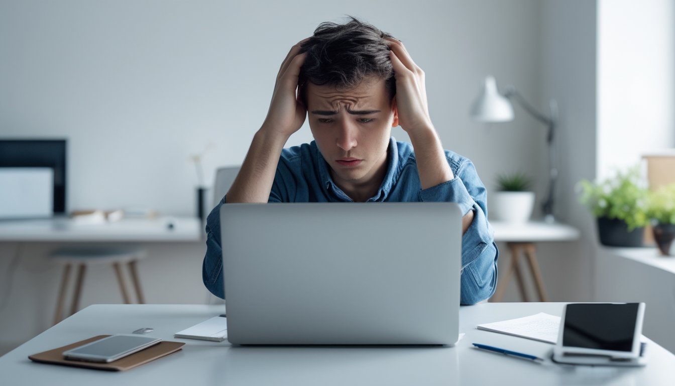 Seorang dewasa muda duduk di depan laptop dengan ekspresi bingung dan frustrasi, mencoba mengakses situs web di ruang kerja rumah yang rapi.