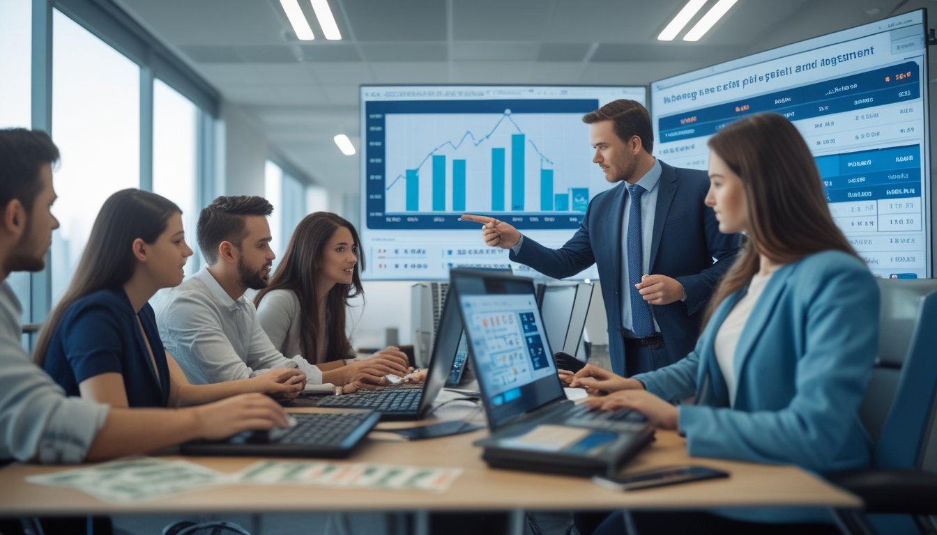 Sekelompok orang sedang berdiskusi di meja kantor dengan laptop dan grafik keuangan di layar, fokus pada pengelolaan modal taruhan togel.