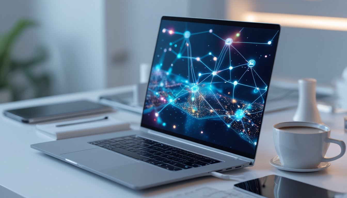 Meja kerja modern dengan laptop menampilkan antarmuka jaringan digital dan perangkat teknologi di sekitarnya.