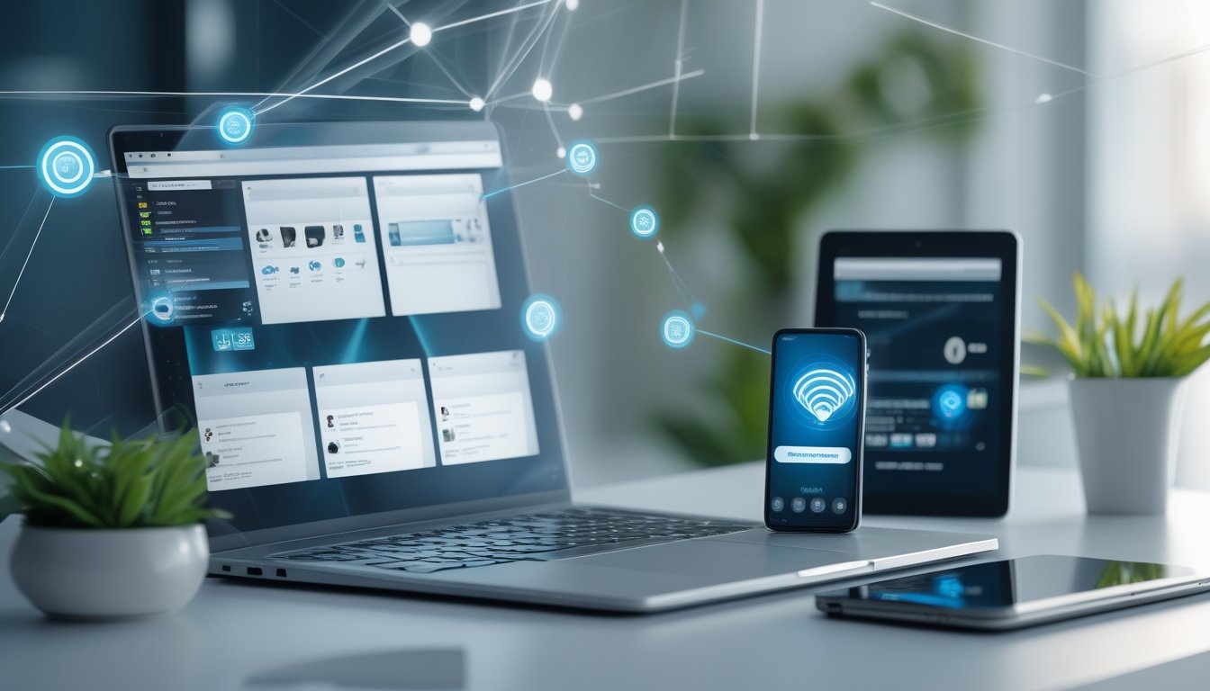 Meja kerja modern dengan laptop, smartphone, dan tablet yang menampilkan koneksi internet lancar tanpa hambatan.