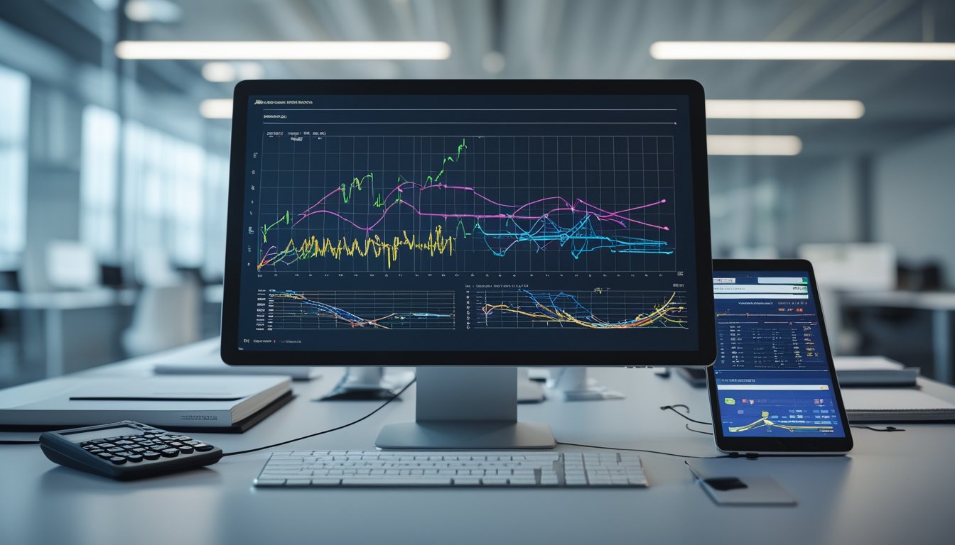 Sebuah ruang kerja modern dengan komputer yang menampilkan grafik dan data angka, disertai dokumen dan alat analisis di meja yang rapi.