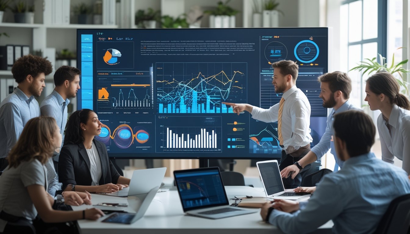 Sekelompok profesional sedang berdiskusi di kantor modern dengan layar digital besar yang menampilkan pola data dan grafik angka.