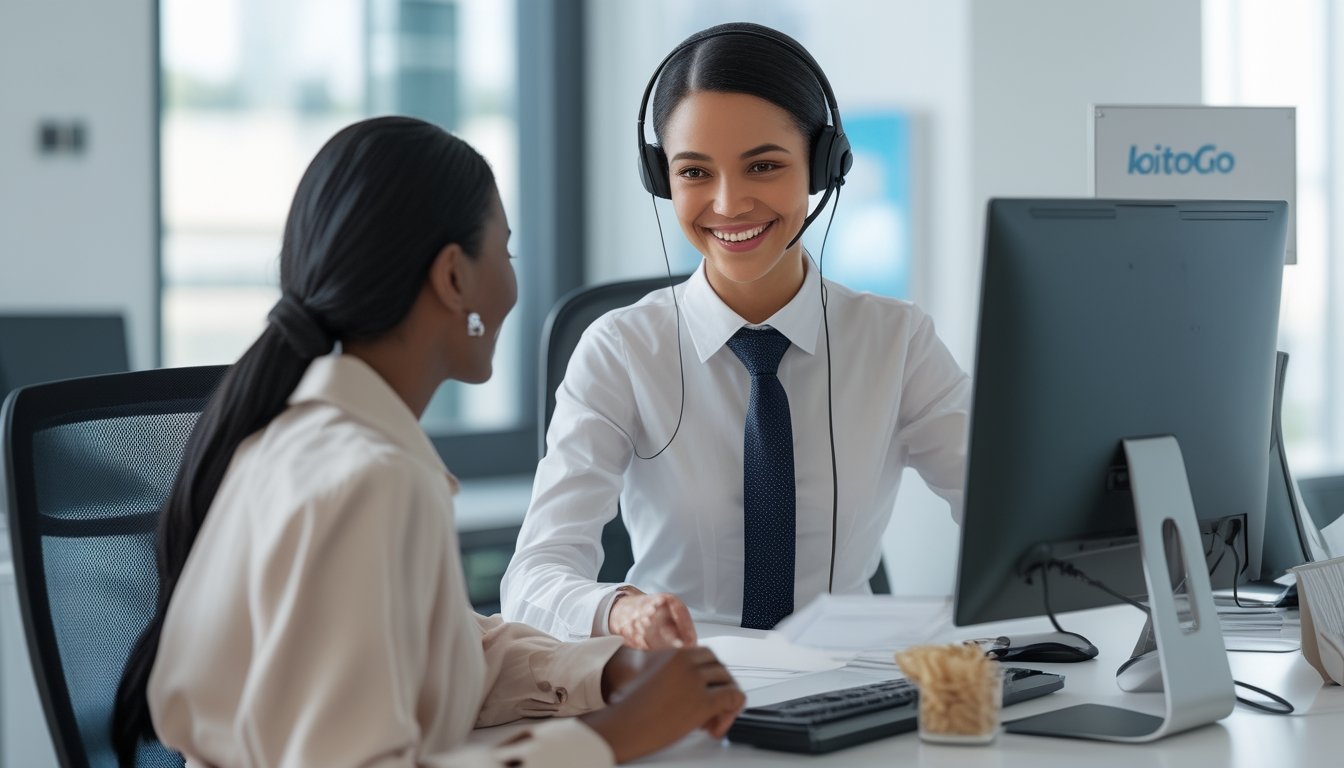 Seorang petugas layanan pelanggan yang ramah membantu anggota melakukan transaksi di sebuah kantor modern.