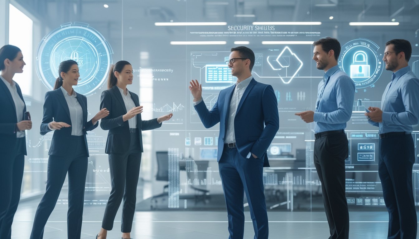 Sekelompok profesional TI sedang berdiskusi di kantor modern dengan layar digital yang menampilkan grafik keamanan dan analisis data.