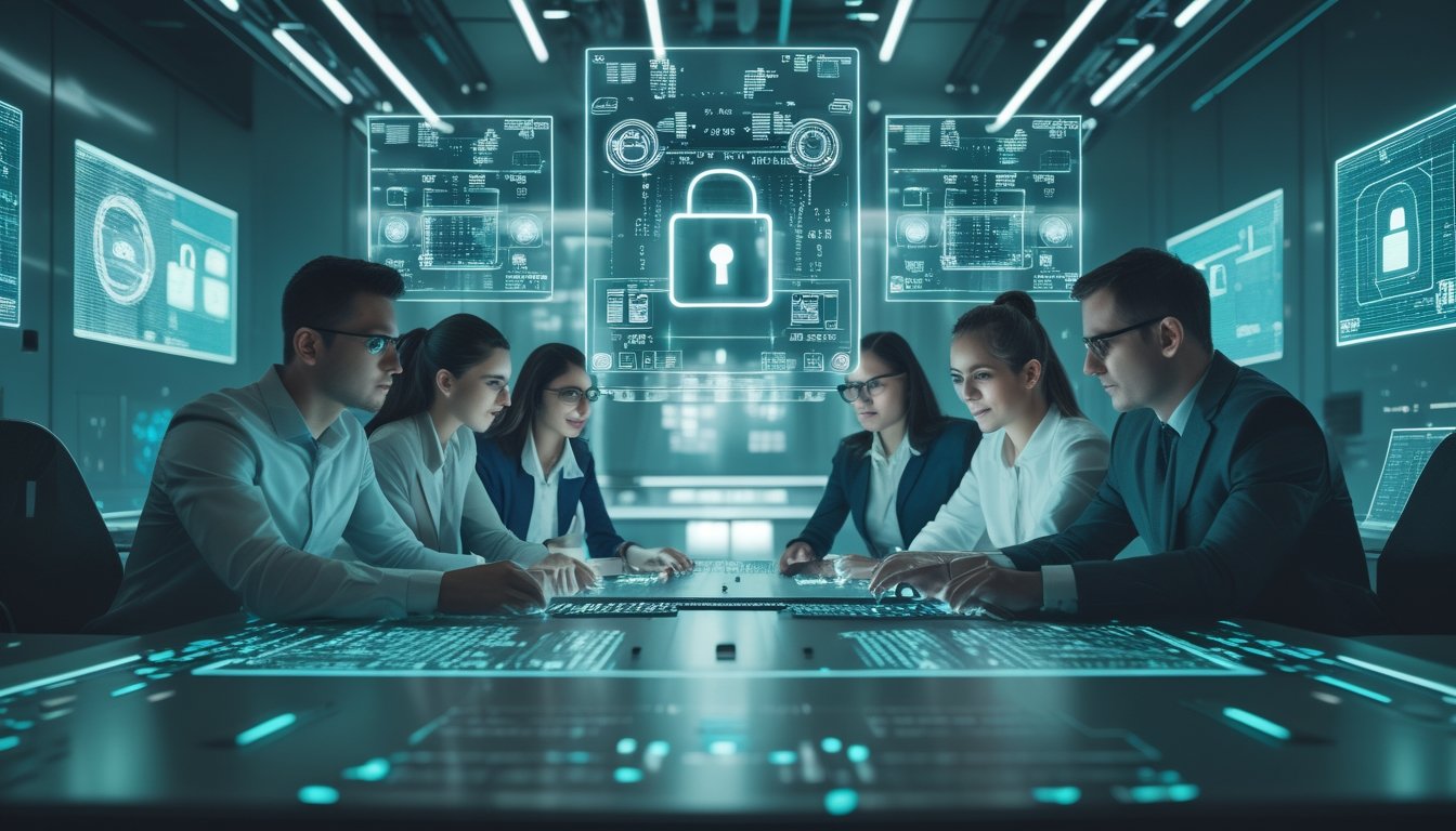 Sekelompok profesional bekerja sama di ruang kendali berteknologi tinggi dengan layar holografik yang menampilkan data keamanan digital.