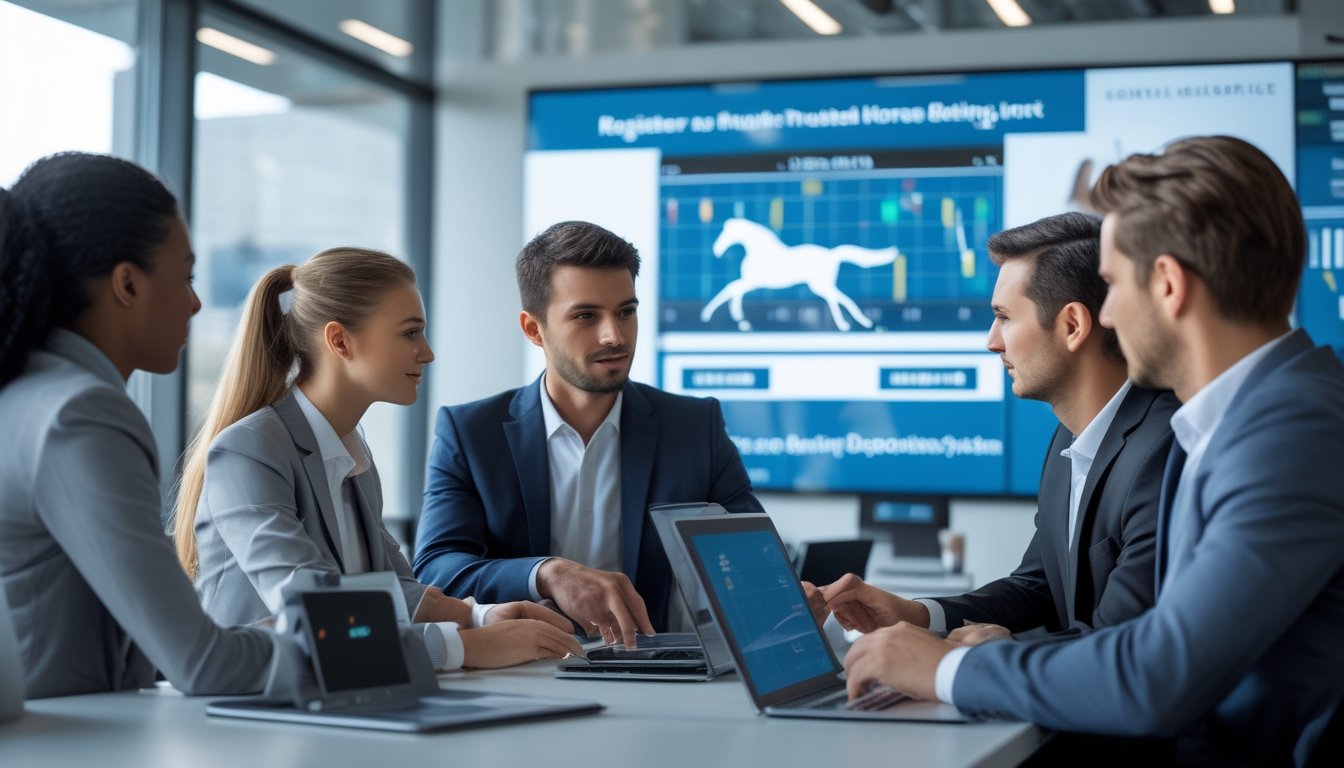 Sekelompok profesional sedang berdiskusi dan melakukan proses pendaftaran di kantor modern dengan perangkat digital, di latar belakang terdapat simbol pacuan kuda.