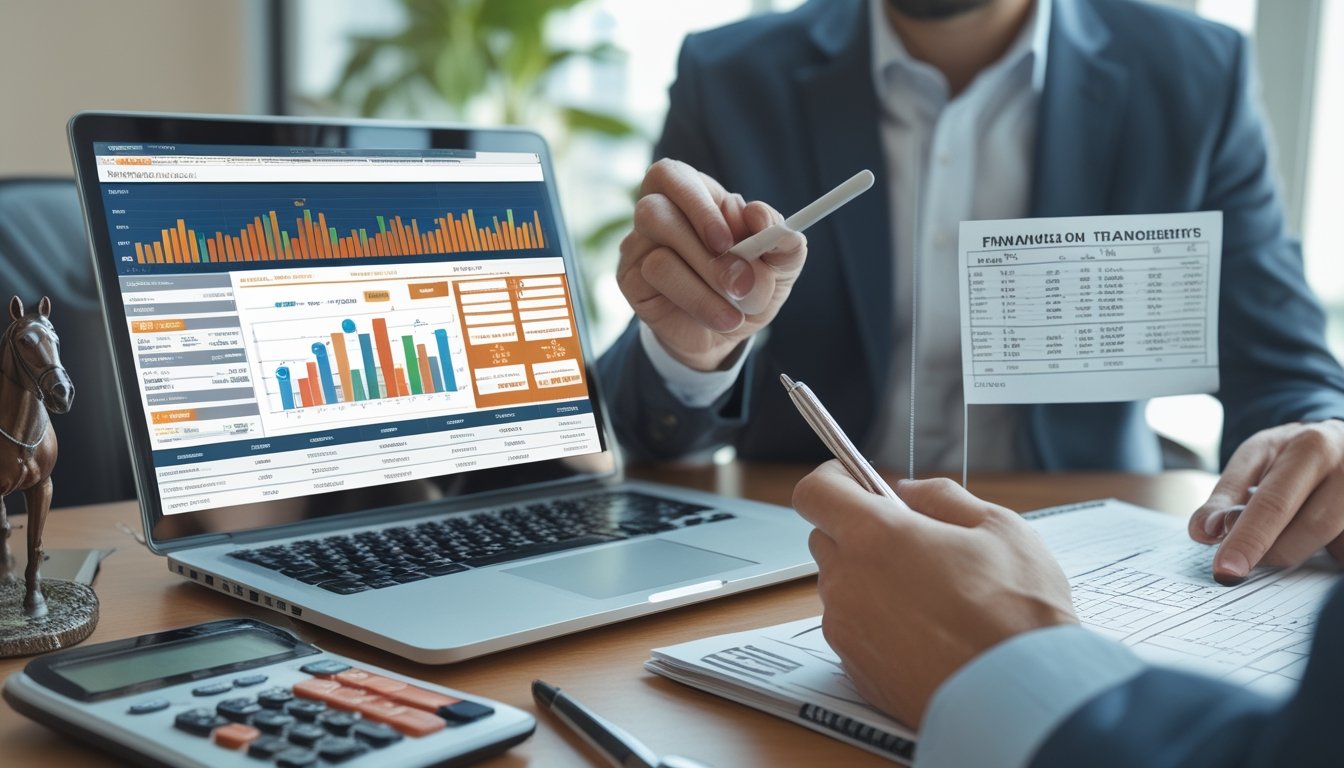 Seorang profesional sedang menganalisis data keuangan di meja kerja dengan laptop, kalkulator, dan elemen pacuan kuda seperti miniatur kuda dan tiket taruhan.