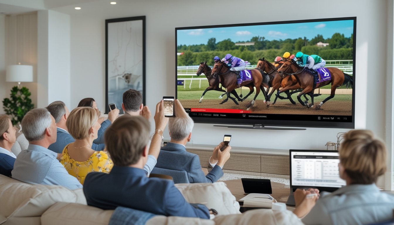 Beberapa orang menonton siaran langsung pacuan kuda di layar televisi besar di ruangan modern dengan perangkat digital.