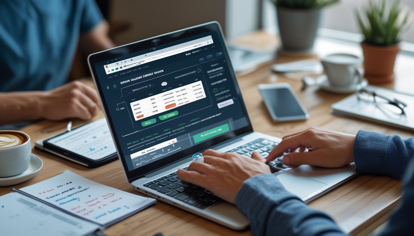 Seseorang menggunakan laptop di meja kerja dengan layar yang menampilkan situs taruhan pacuan kuda dan notifikasi bonus cashback, disertai dengan cangkir kopi, ponsel, dan catatan strategi.
