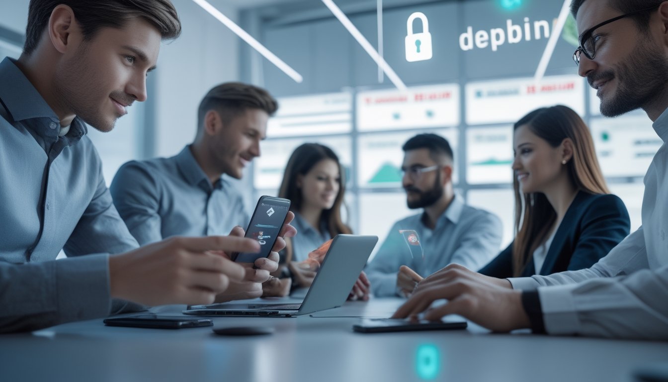 Sekelompok orang menggunakan perangkat digital di lingkungan kantor modern yang menunjukkan aktivitas judi online dengan simbol keamanan dan kecepatan transaksi.