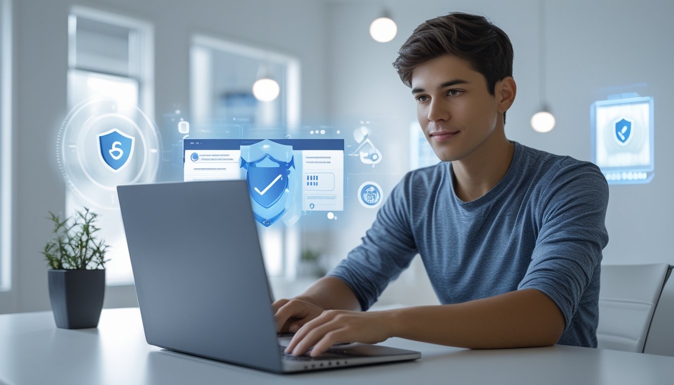 Seseorang duduk di depan laptop di kantor modern, fokus memilih agen judi online yang aman dan berlisensi.