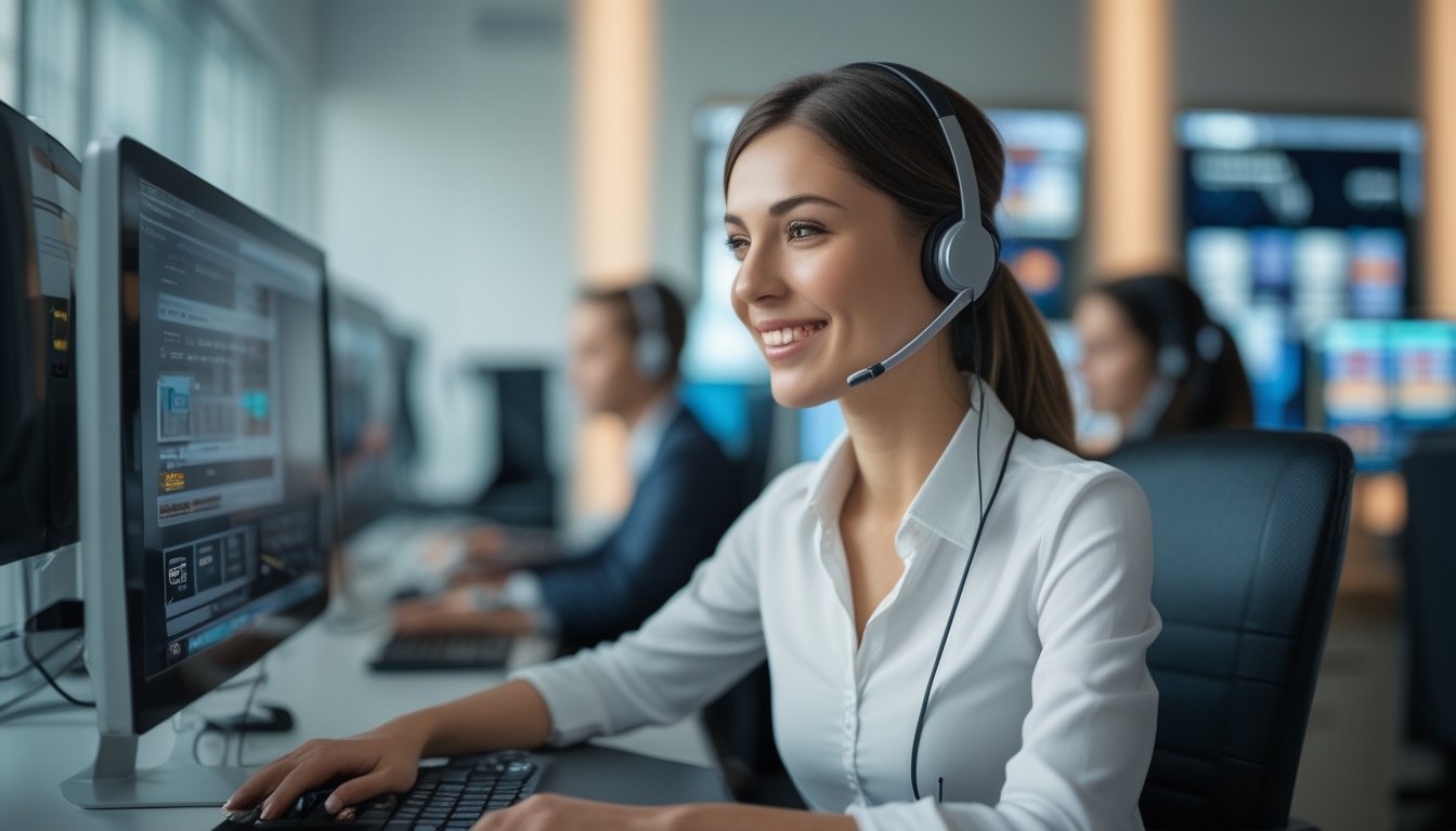 Seorang staf layanan pelanggan dengan headset sedang bekerja di depan komputer di kantor modern dengan layar yang menampilkan permainan judi online dan jendela obrolan langsung.