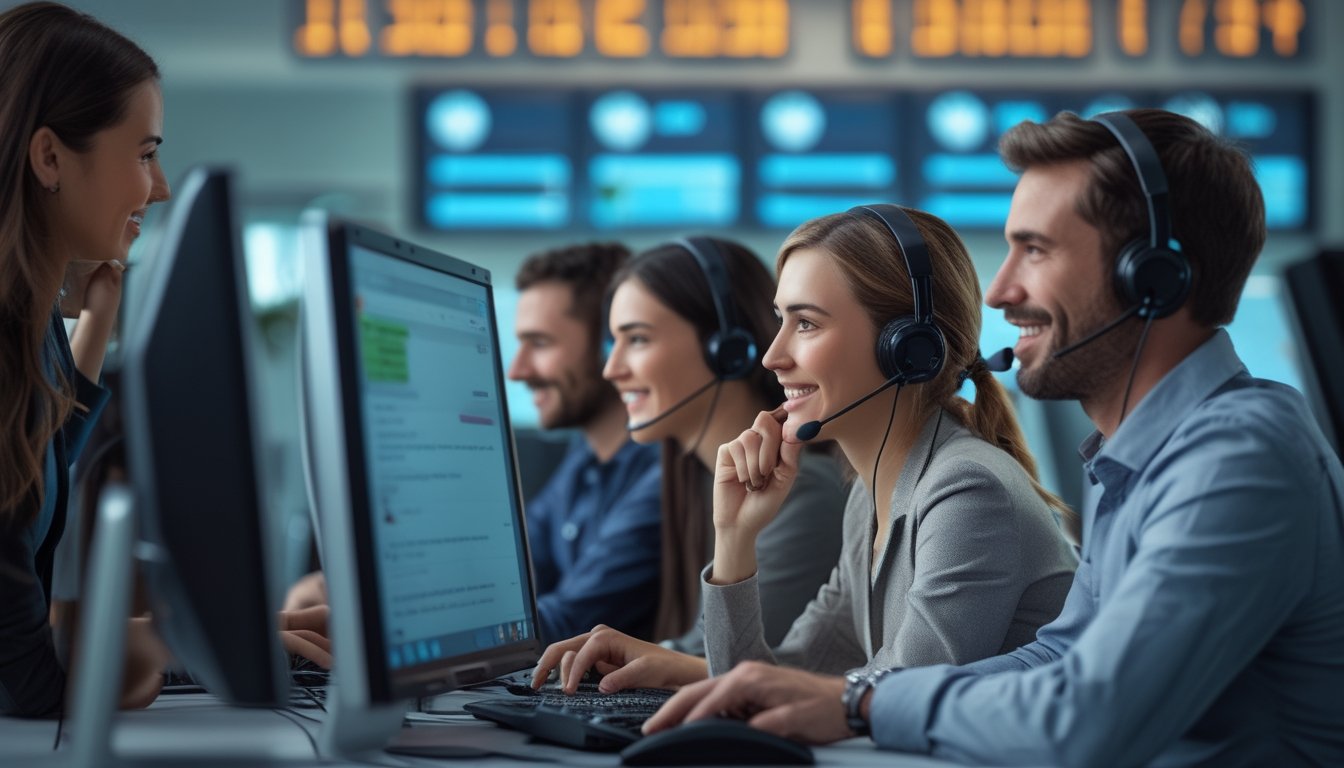 Beberapa agen dukungan pelanggan dengan headset sedang bekerja di pusat layanan live chat 24 jam.