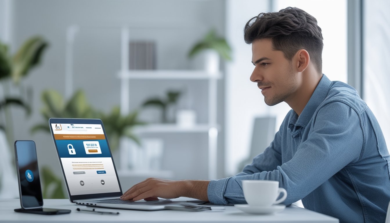 Seorang pria muda duduk di meja kantor modern, melihat layar laptop dengan ekspresi fokus, di sekitarnya terdapat ponsel, buku catatan, dan cangkir kopi.