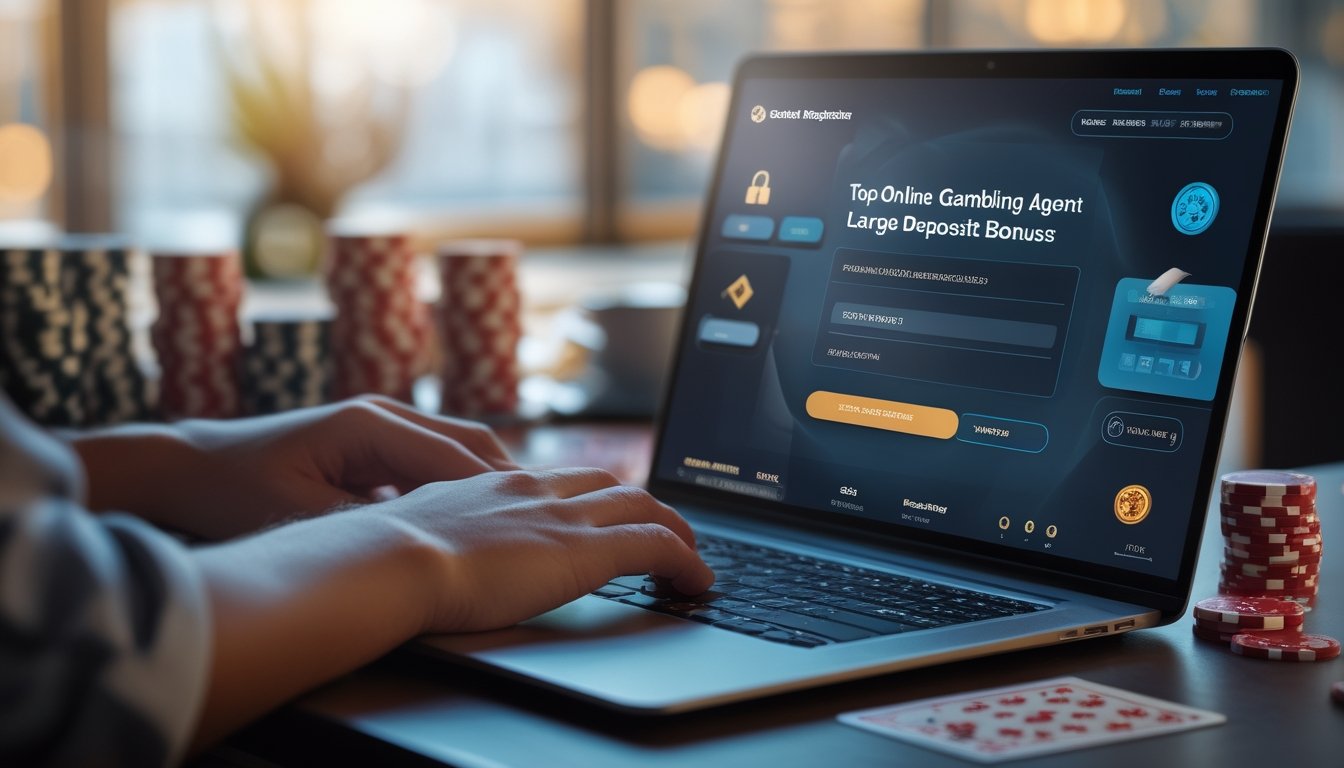 Seseorang menggunakan laptop di meja kerja dengan chip poker dan kartu remi di sekitar, menunjukkan proses pendaftaran akun di agen judi online.