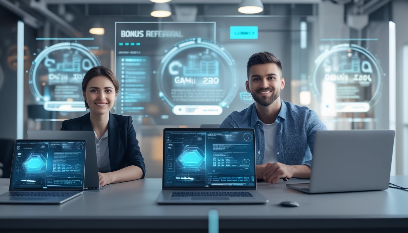 Dua orang dewasa muda sedang duduk di meja dengan perangkat digital, terlihat fokus dan positif dalam suasana kantor modern yang futuristik.