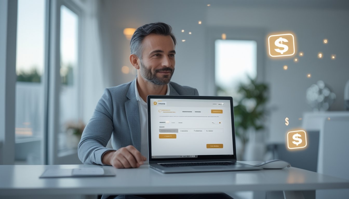 Seorang pria dewasa duduk di meja dengan laptop di ruangan yang terang, menggunakan platform judi online yang terpercaya dengan suasana yang tenang dan profesional.
