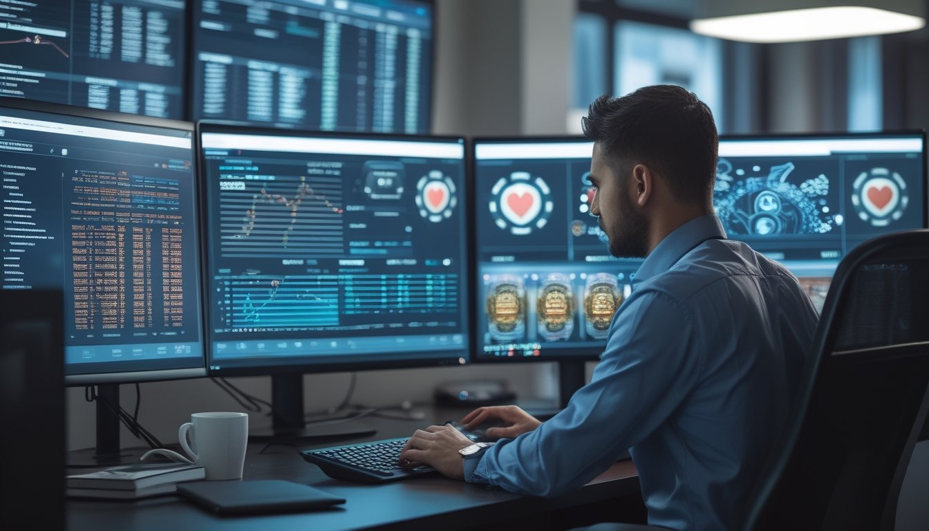Seorang analis data sedang bekerja di depan beberapa monitor komputer yang menampilkan grafik dan kode keamanan di sebuah kantor modern.