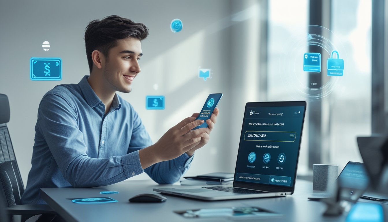 Seseorang menggunakan ponsel dan laptop di meja kerja modern dengan tampilan transaksi e-wallet yang berhasil pada platform judi online.
