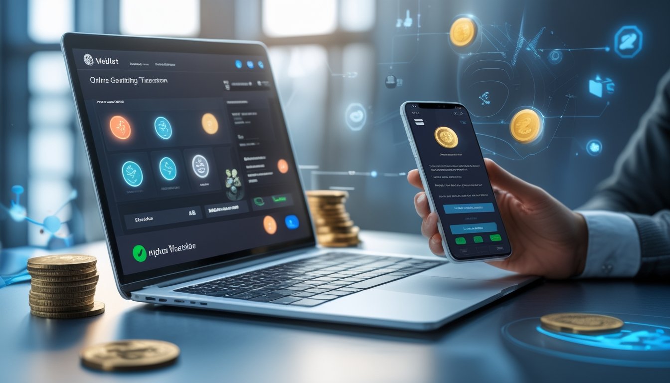 Seorang pengguna menggunakan laptop dan ponsel untuk melakukan transaksi e-wallet pada platform judi online.