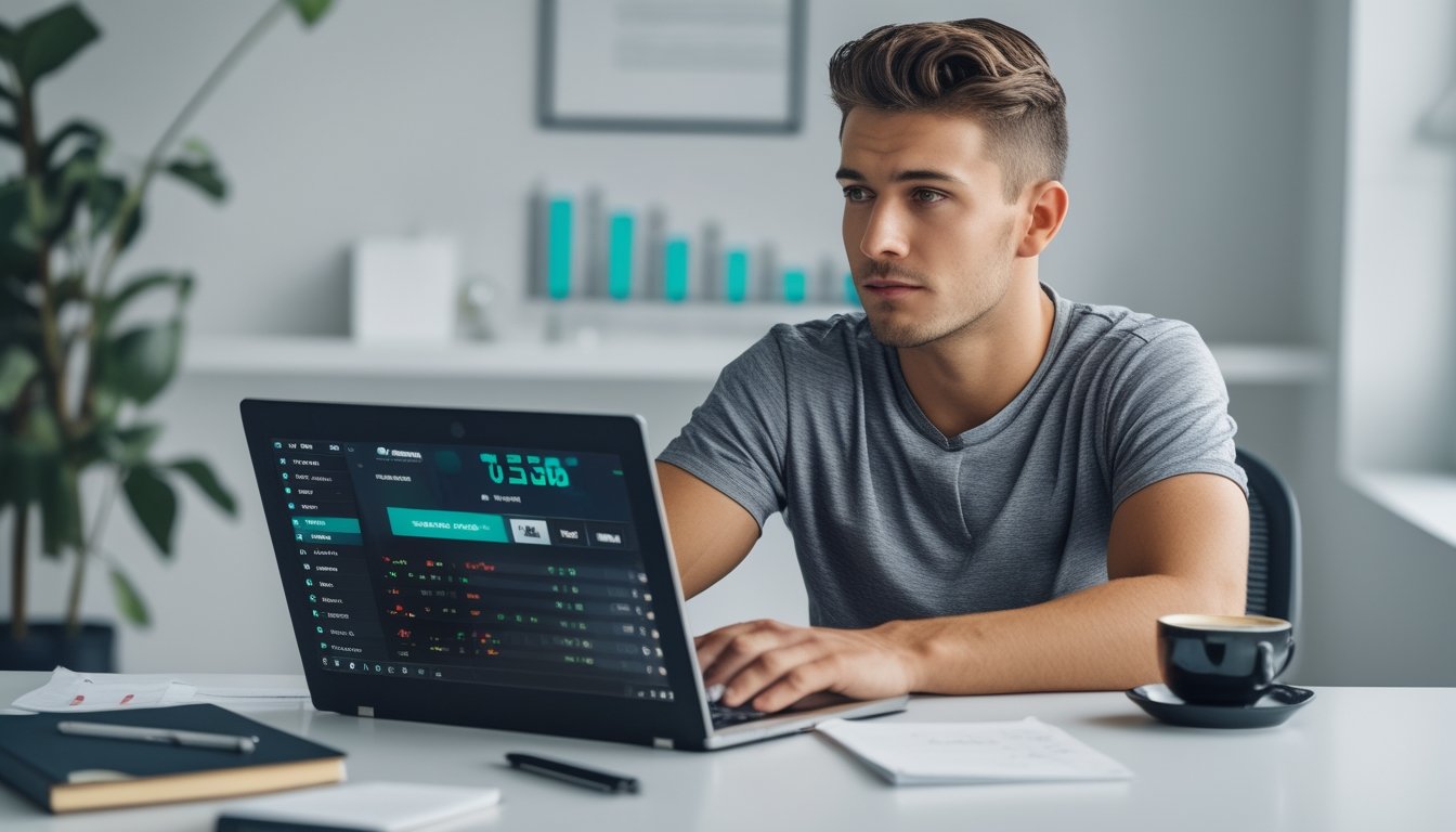 Seorang pria muda duduk di meja dengan laptop, fokus pada layar yang menampilkan antarmuka judi online dan catatan strategi di sekitarnya.