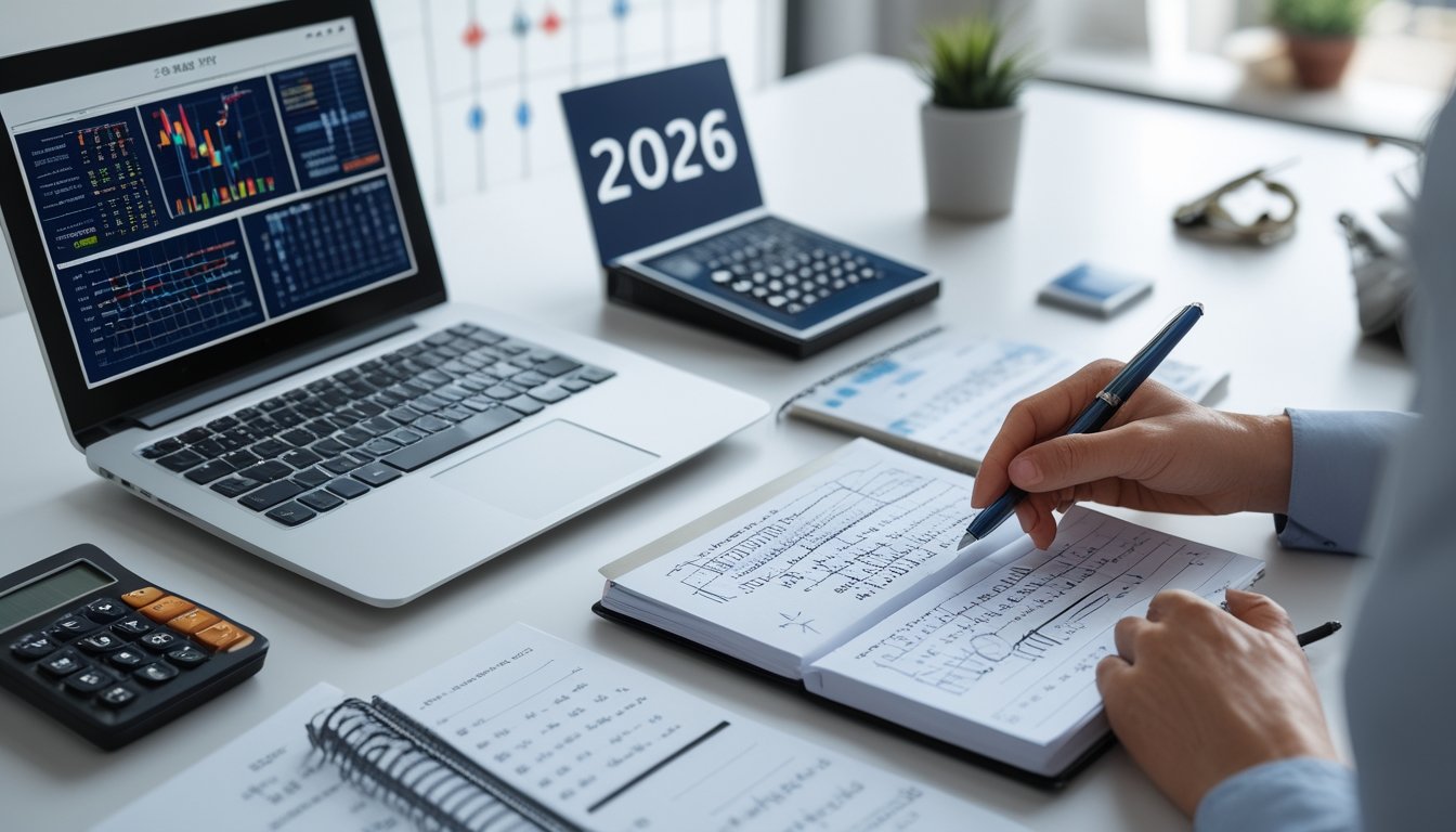 Meja kerja dengan laptop, kalkulator, dan catatan angka, seseorang sedang menulis dan menganalisis data prediksi angka togel 3D untuk tahun 2026.