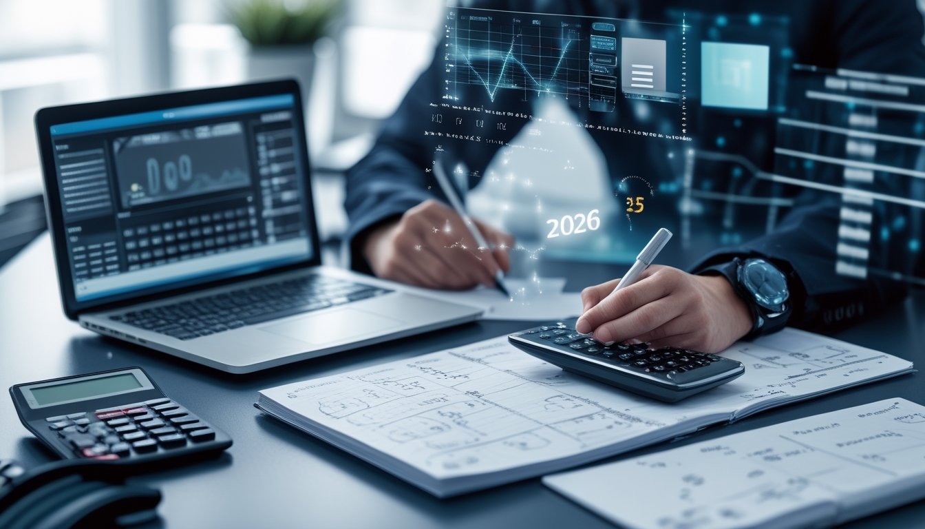 Seseorang sedang menganalisis data angka dan membuat catatan di sebuah meja kerja dengan layar komputer dan kalkulator.