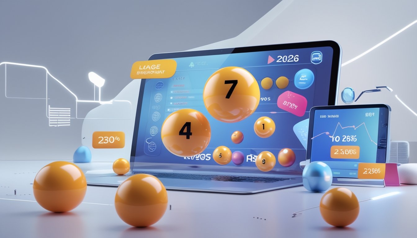 Sebuah layar digital modern menampilkan bola lotere 3D dengan angka, dikelilingi oleh elemen grafis yang menunjukkan diskon besar, di atas meja dengan latar belakang minimalis.