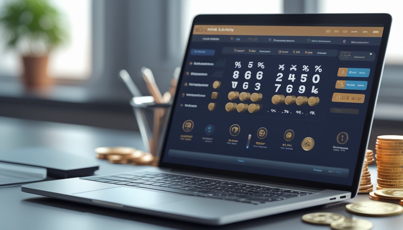 Meja kerja dengan laptop yang menampilkan antarmuka digital angka togel 3D dan grafik, dikelilingi oleh tiket togel dan koin.