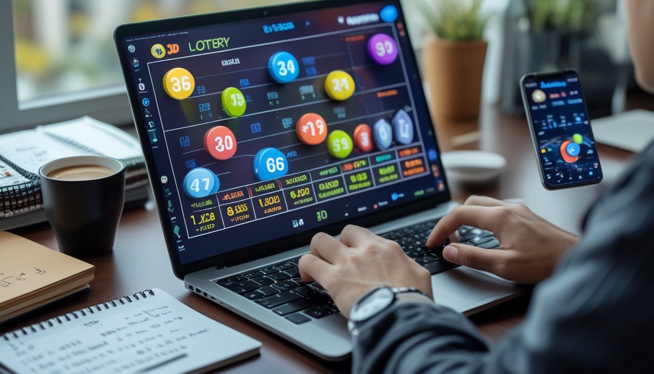 Seorang pria duduk di depan laptop dengan layar menampilkan angka togel 3D dan grafik, tangan sedang menggunakan keyboard dan mouse, di meja juga ada ponsel dengan aplikasi togel, suasana fokus dan strategis.