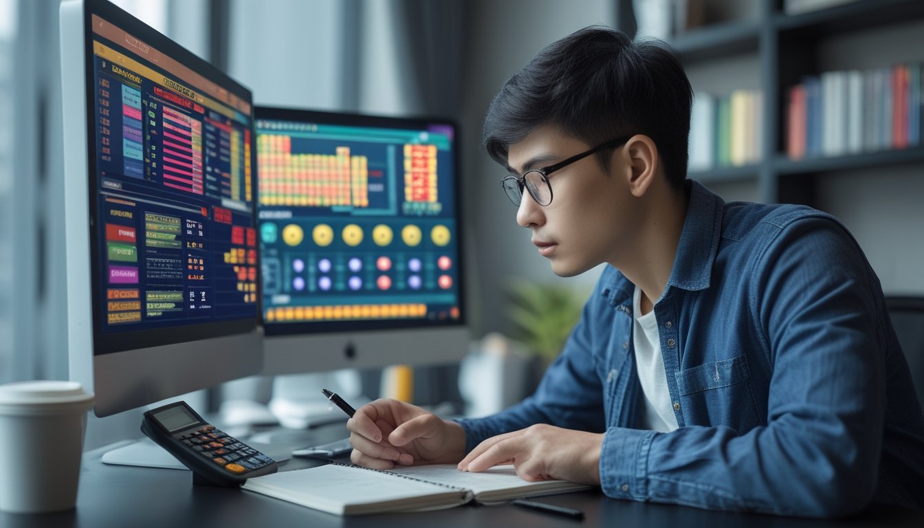 Seorang pria muda fokus duduk di meja dengan beberapa layar komputer menampilkan pola dan grafik angka togel 3D, sambil menggunakan kalkulator dan mencatat.
