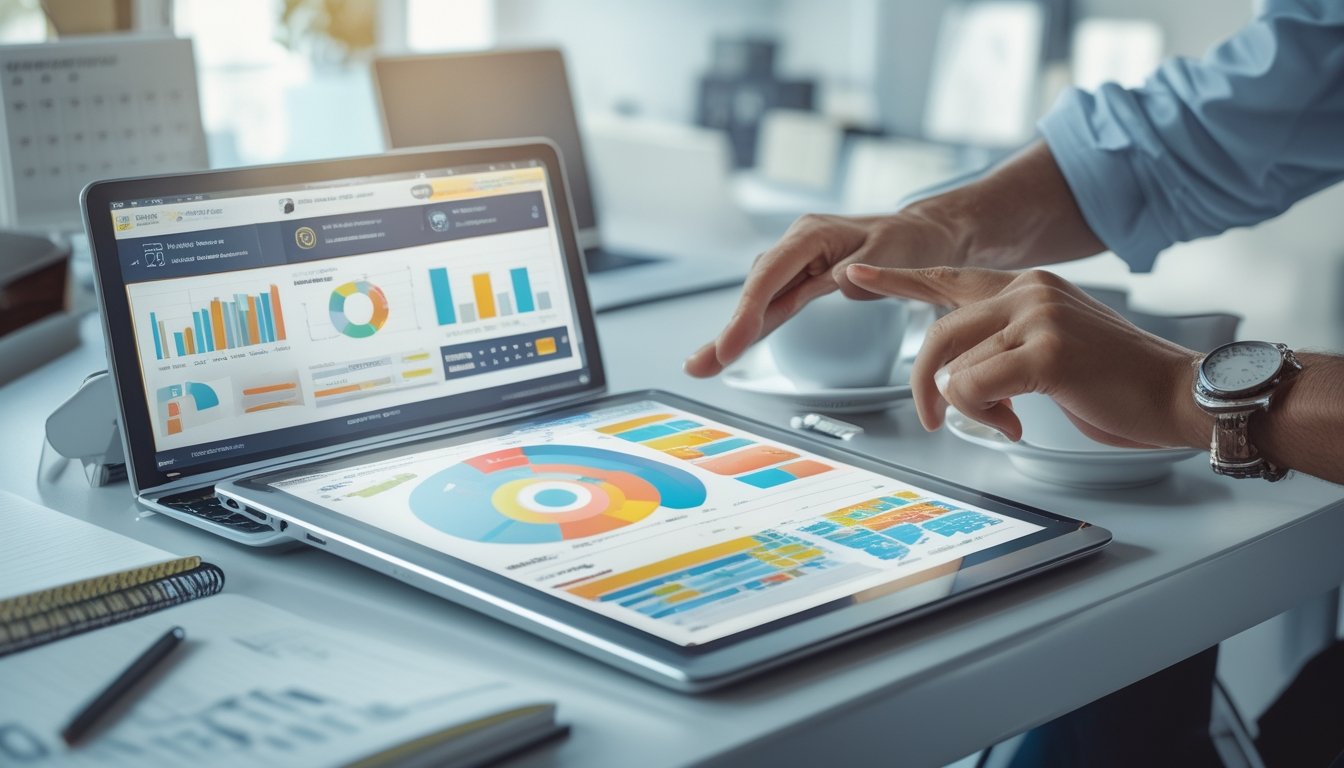 Meja kerja modern dengan perangkat digital menampilkan grafik dan data, seseorang sedang menganalisis informasi di kantor yang terang dan rapi.