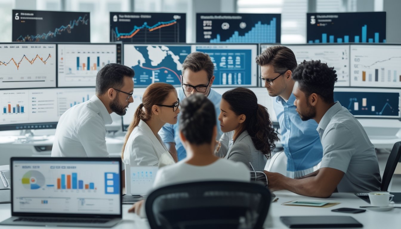 Sekelompok profesional sedang menganalisis data terbaru di kantor dengan beberapa monitor yang menampilkan grafik dan tabel.