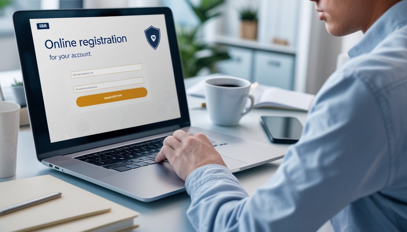 Seseorang menggunakan laptop di meja kerja yang rapi untuk mendaftar akun secara online dengan suasana kantor yang tenang dan terorganisir.