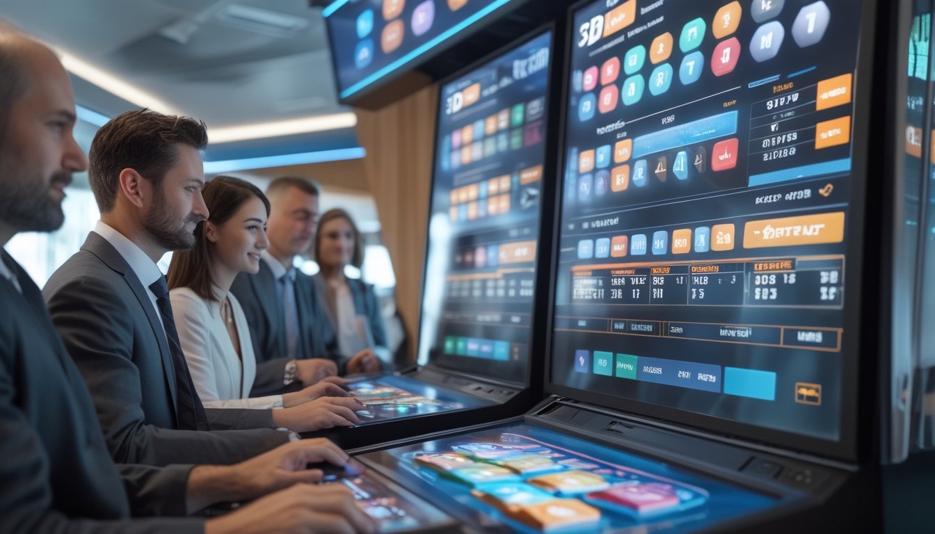 Orang-orang menggunakan layar sentuh besar untuk memasang taruhan togel 3D di lingkungan modern dan profesional.