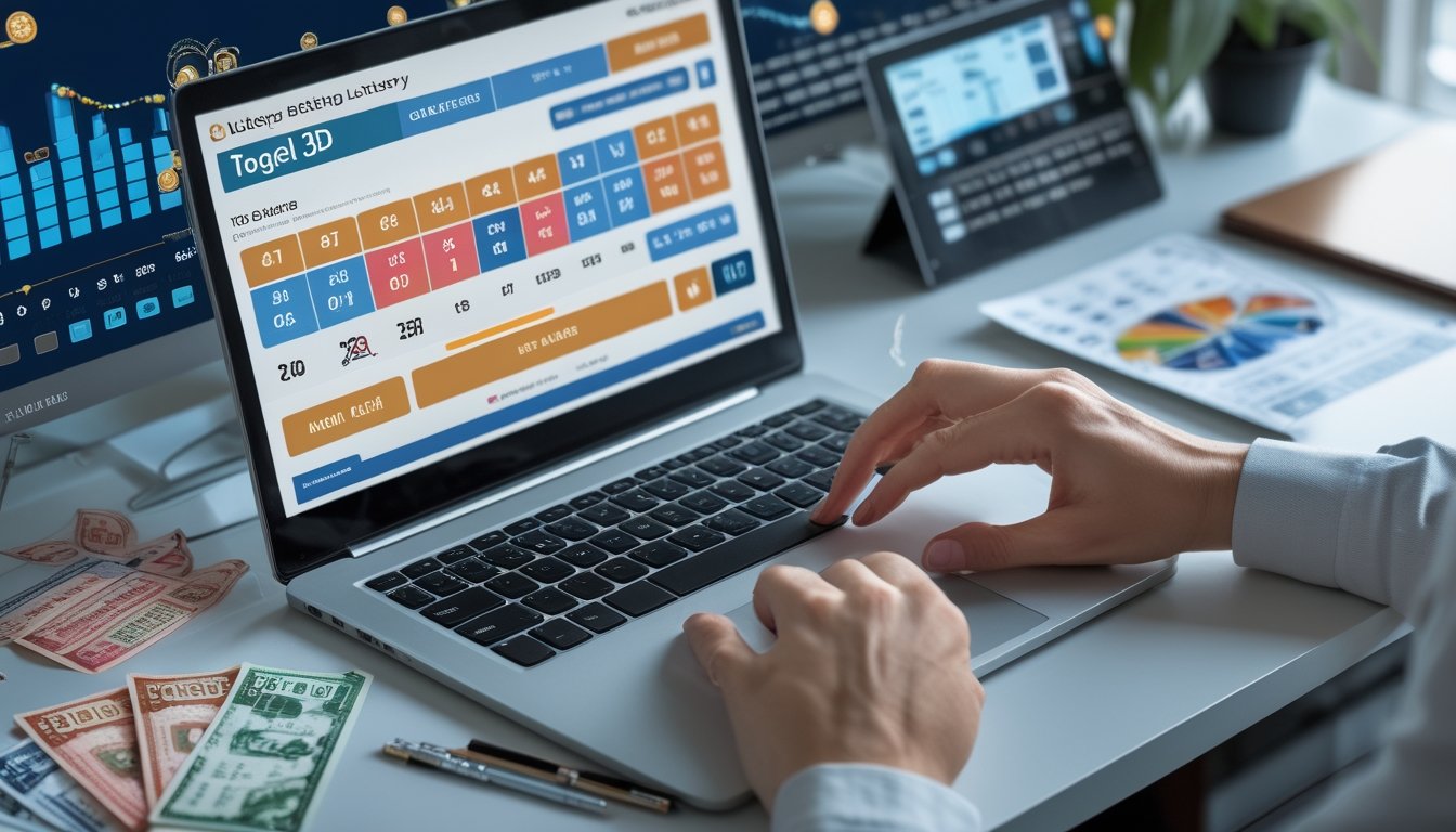 Seseorang menggunakan laptop dengan tampilan antarmuka taruhan togel 3D yang lengkap dan profesional di meja kerja.