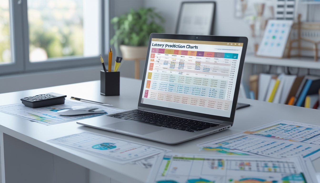 Meja kerja dengan laptop dan kertas berisi tabel dan grafik untuk analisis prediksi angka togel tahun 2026.