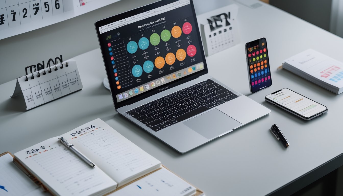 Meja kerja dengan laptop yang menampilkan grafik dan tabel warna-warni, buku catatan terbuka dengan catatan tulisan tangan, dan ponsel yang menunjukkan diagram paito, semua berhubungan dengan prediksi togel dan tabel Shio.