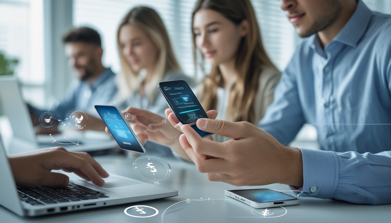 Sekelompok orang muda menggunakan ponsel dan laptop di kantor modern untuk melakukan transaksi keuangan digital.