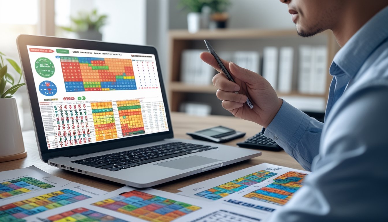 Seseorang sedang menganalisis pola angka togel 3D di depan laptop dengan grafik dan data di meja kerja.
