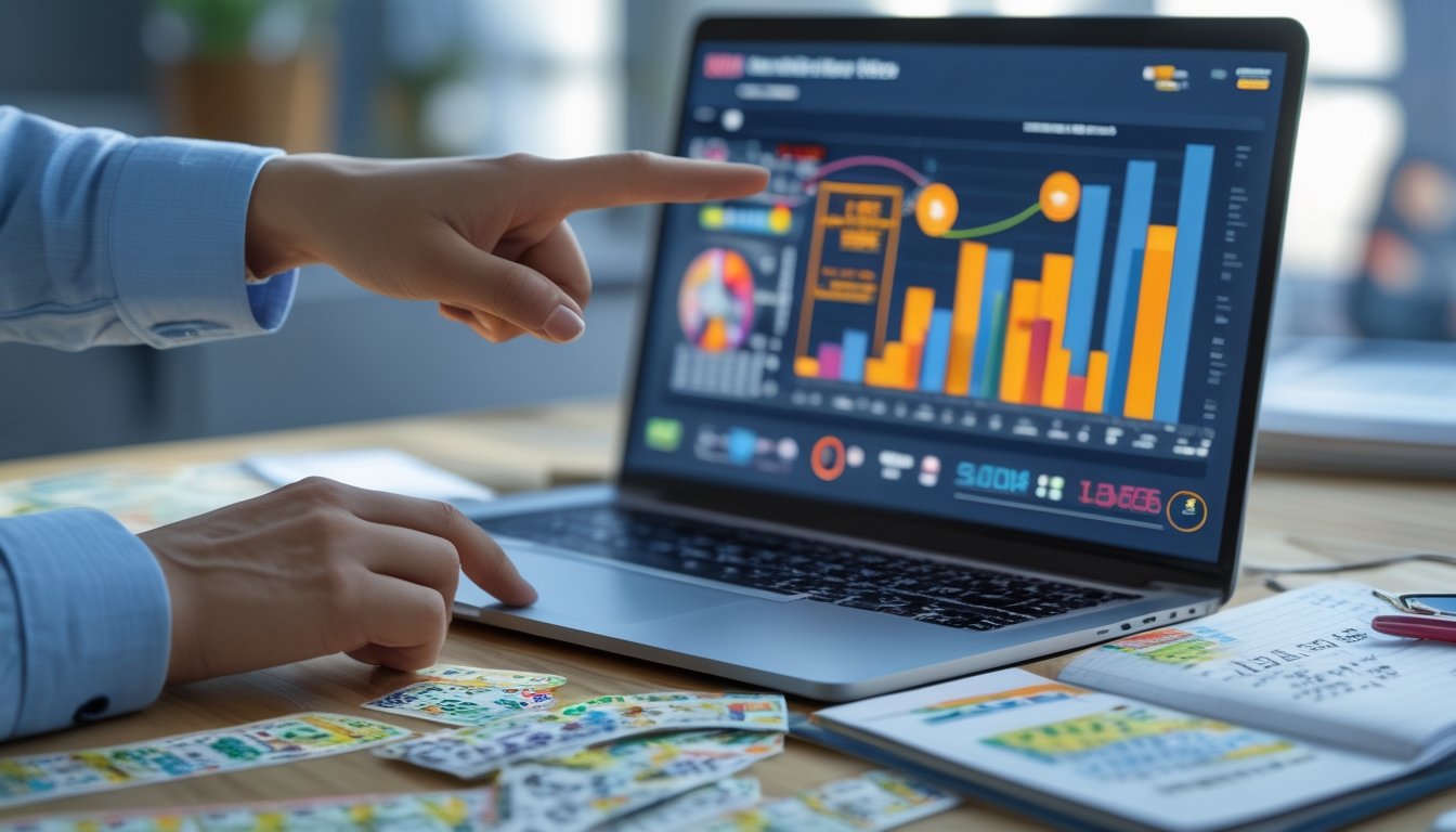 Sebuah meja kerja dengan laptop menampilkan grafik dan tiket togel serta buku catatan dengan pola angka, seseorang menunjuk layar laptop.