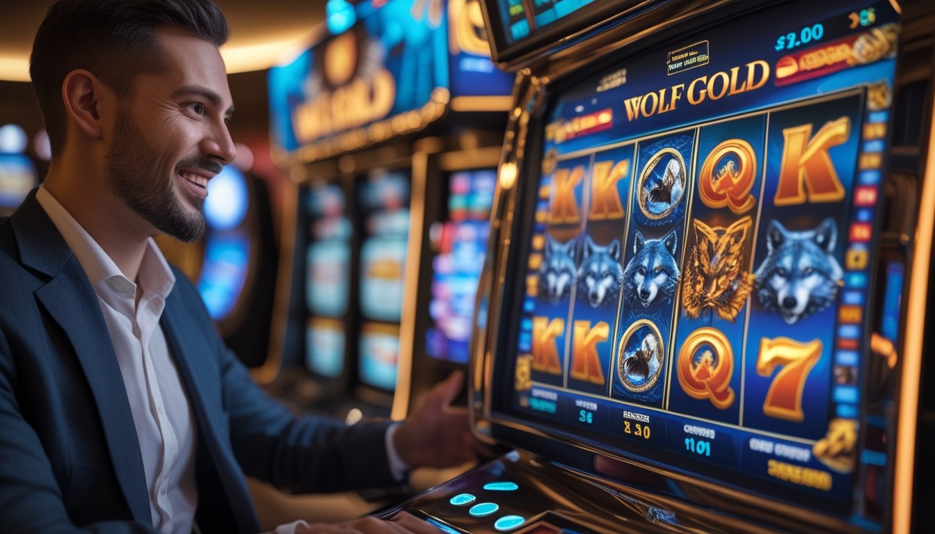 Seorang pemain sedang bermain mesin slot dengan tema serigala dan emas di kasino yang modern.