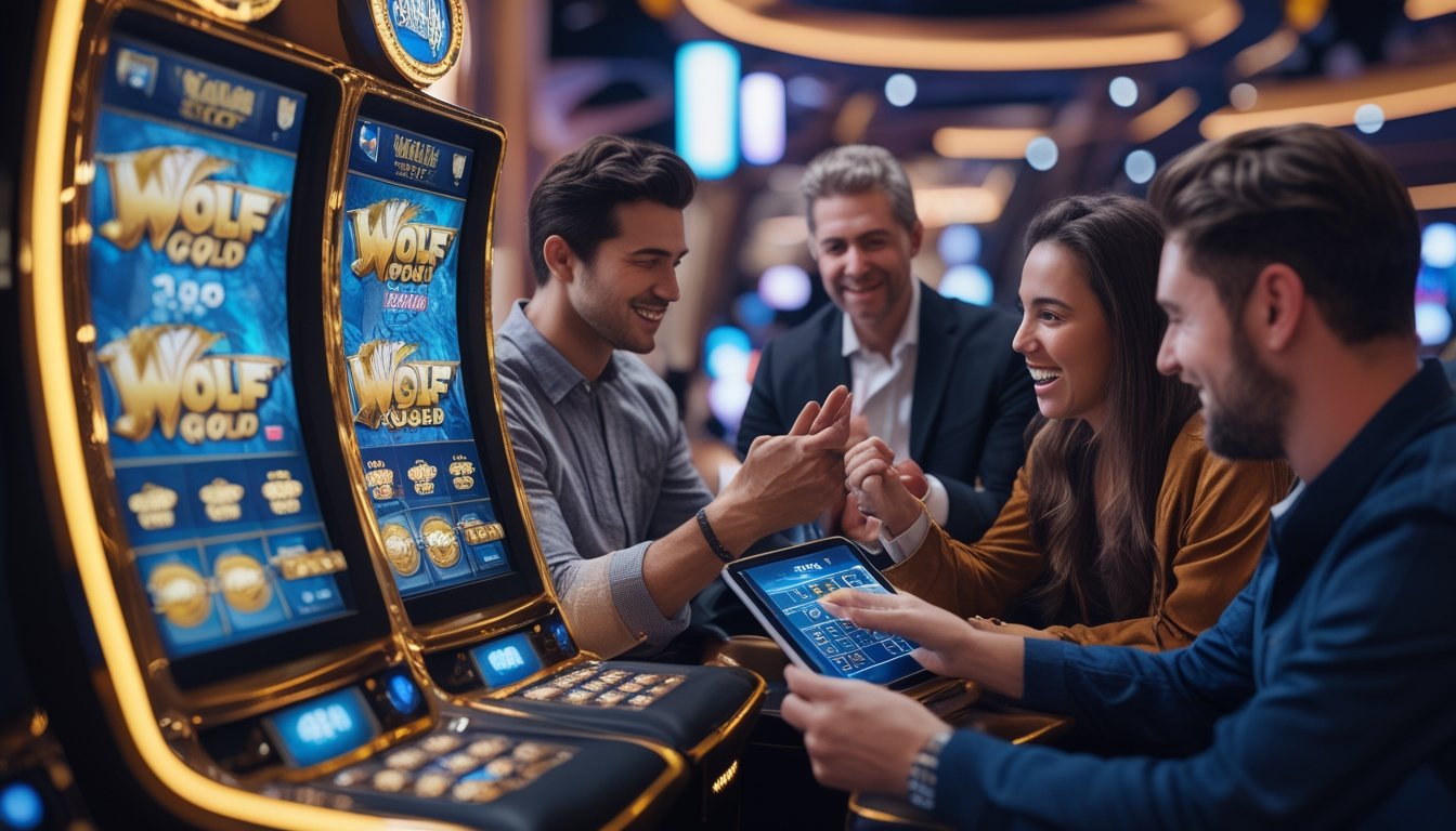 Orang-orang bermain mesin slot Wolf Gold di kasino modern dengan suasana ceria dan fokus pada strategi permainan.