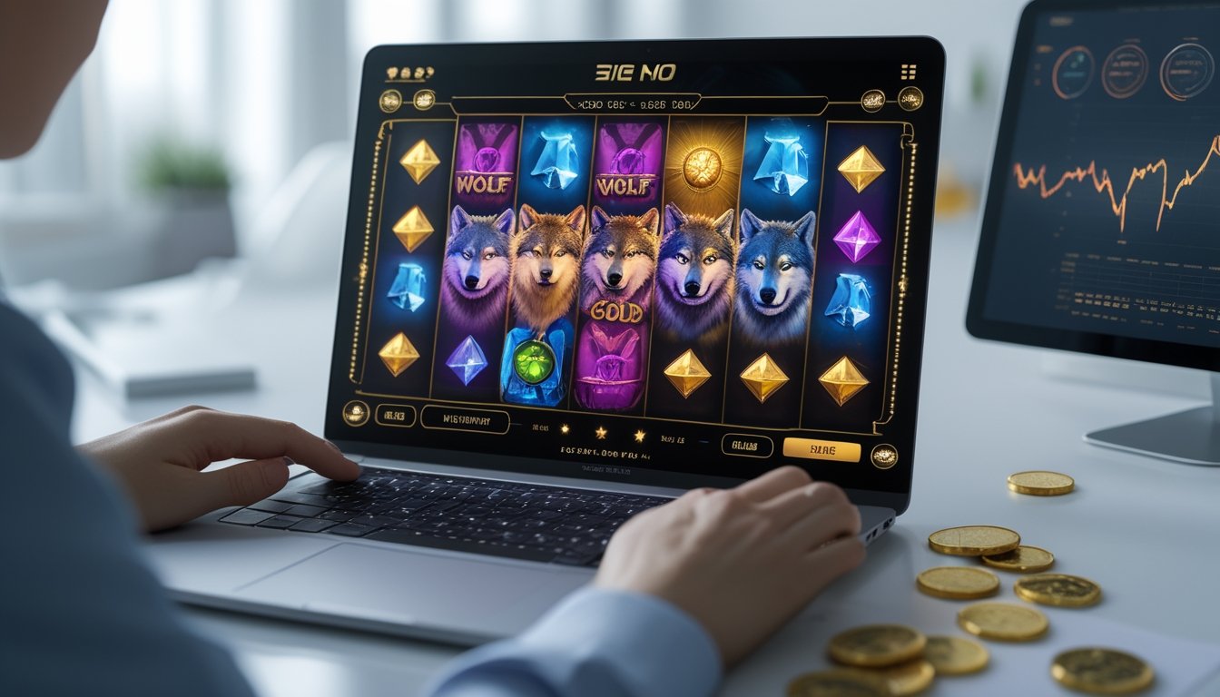 Seseorang sedang menggunakan komputer dengan tampilan permainan slot bertema serigala dan emas di layar, di meja kerja yang rapi dengan alat tulis dan grafik data di sekitar.