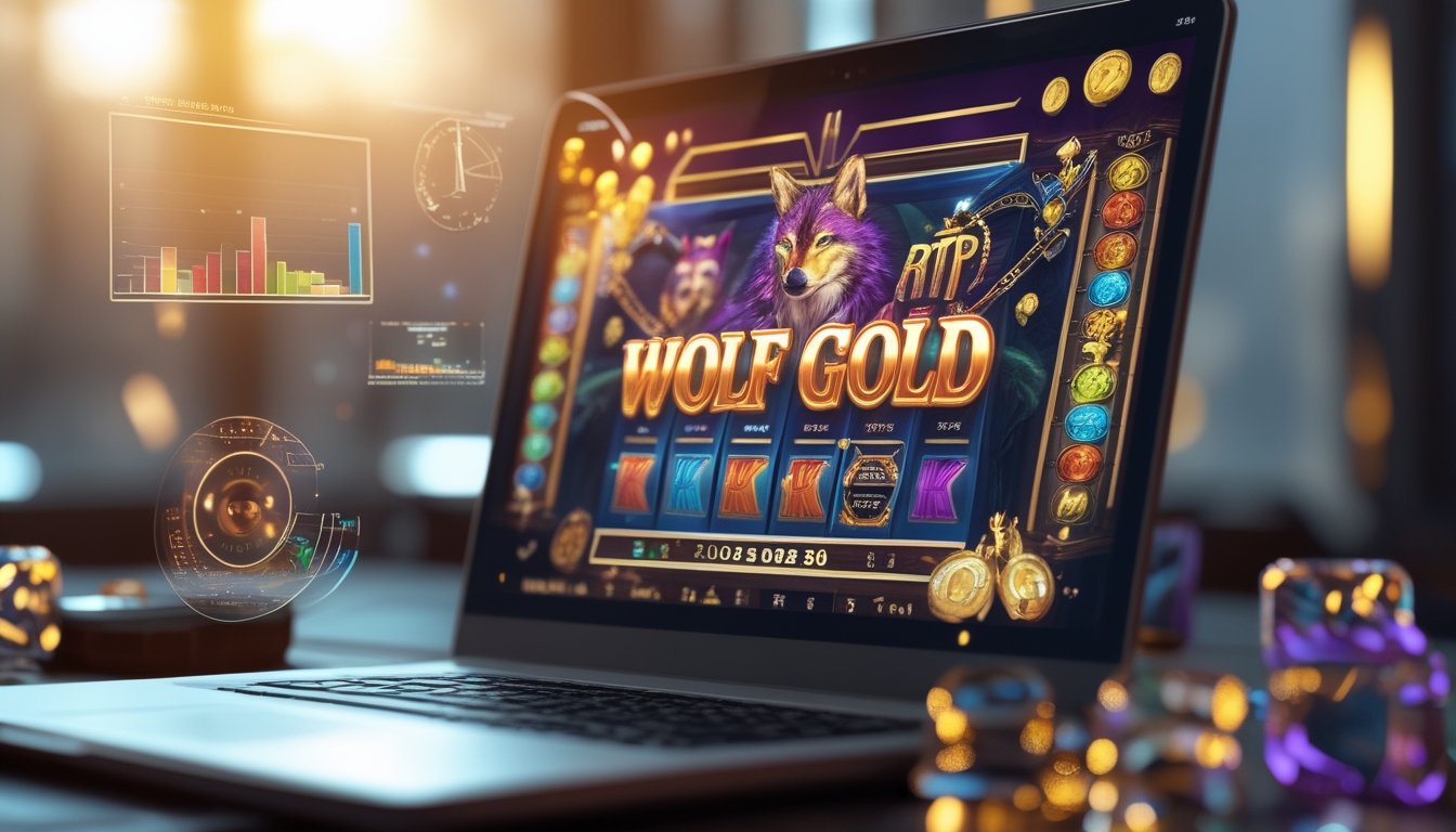 Layar komputer menampilkan permainan slot Wolf Gold dengan grafik serigala dan elemen data statistik di sekitarnya.
