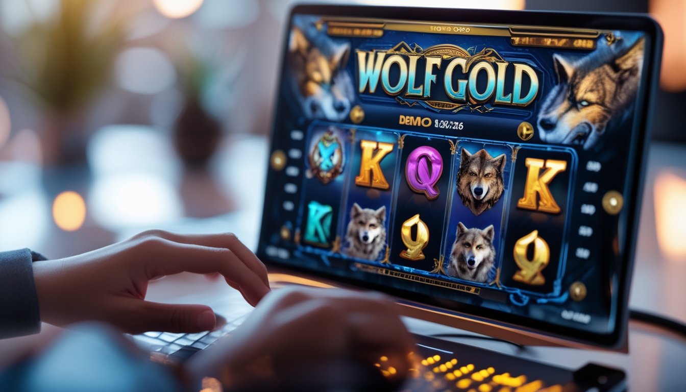 Seseorang sedang bermain permainan slot bertema serigala di layar perangkat digital dalam ruangan yang nyaman.