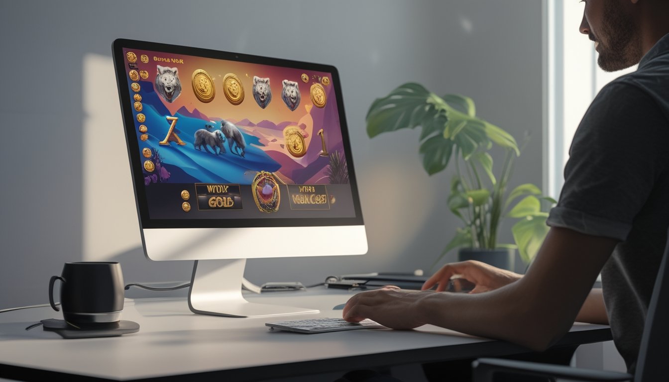 Seseorang sedang bermain permainan slot Wolf Gold versi demo di komputer di meja kerja yang rapi.