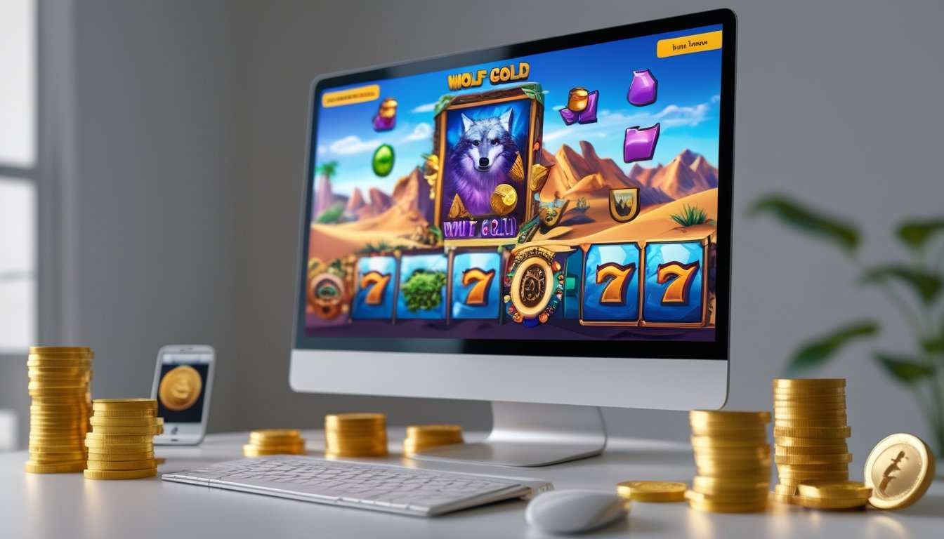 Sebuah komputer dan ponsel menampilkan permainan slot online dengan simbol serigala dan koin emas, dikelilingi oleh elemen yang menunjukkan transaksi deposit yang aman dan mudah.